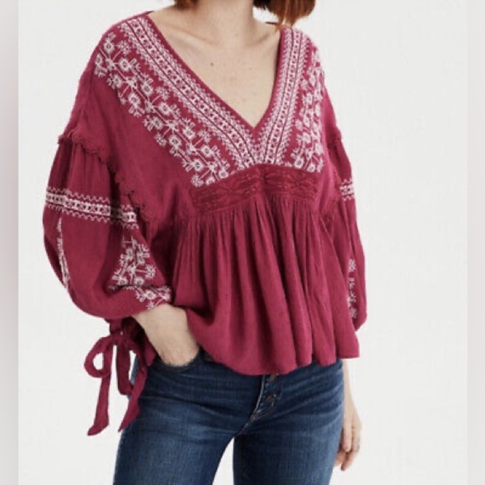 American Eagle Embroidered Boho Peasant Pink Long Sleeve Top Size Small